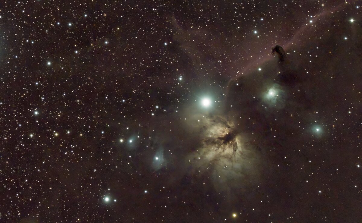 Alnitak with the Flame and Horsehead nebulae in Orion