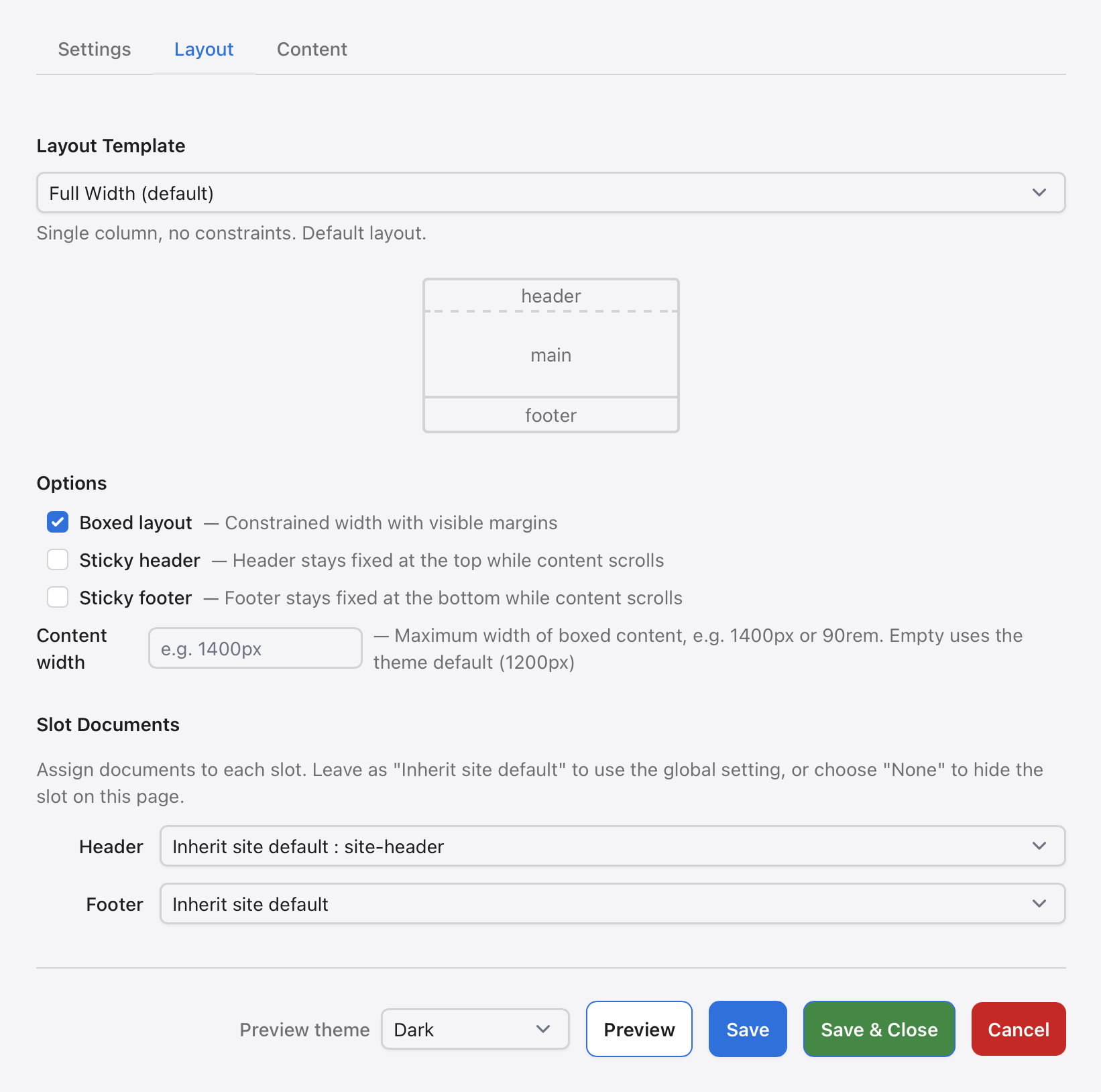 Layout settings and slot documents