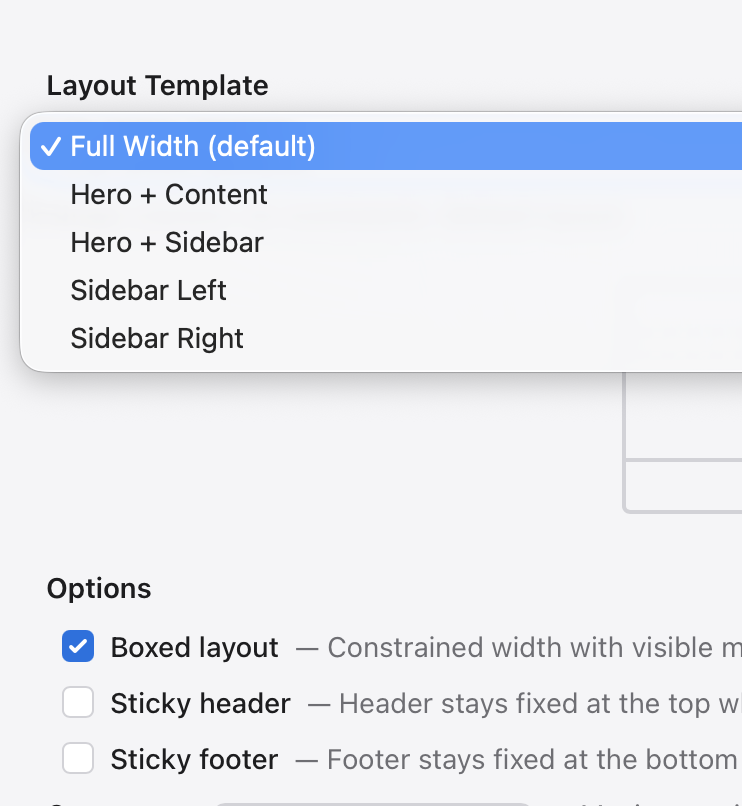 Layout template menu with Full Width, Hero + Content, Hero + Sidebar, Sidebar Left and Sidebar Right