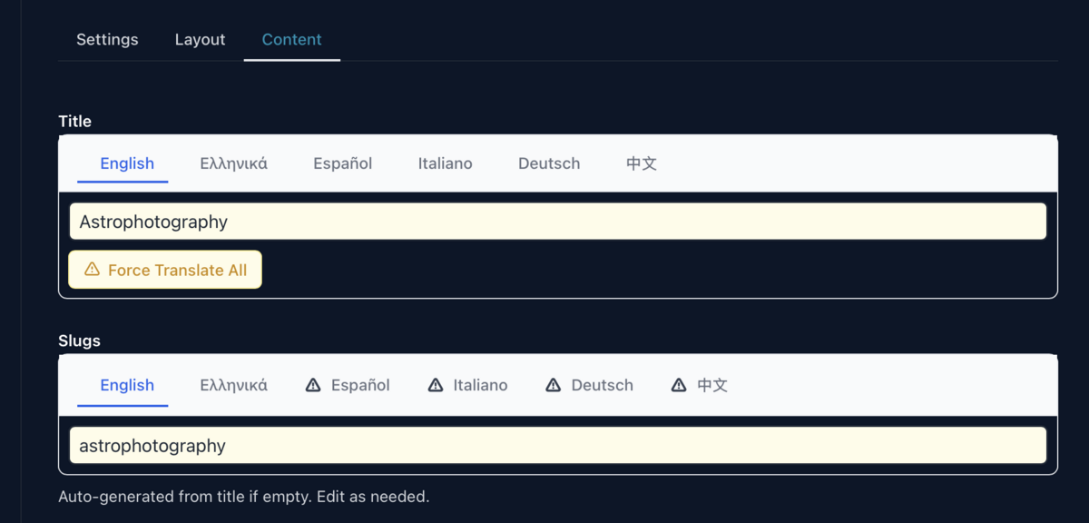Alnitak editor with title and slug tabs for English, Greek, Spanish, Italian, German and Chinese, plus a Force Translate All action